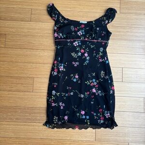 Vintage Y2K floral babydoll mini dress with pink ribbon detail